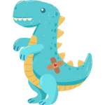 A cartoonish blue dinosaur toy with a bandage on its belly, standing upright and smiling.