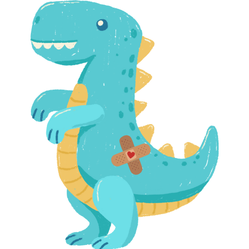 A cartoon toy dinosaur in turquoise with a bandage on its side, standing upright and smiling.